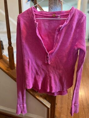 Free People Bright Pink Waffle Knit Henley